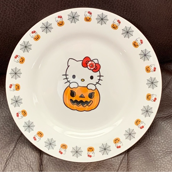 Hello Kitty in Jack O’Lantern Pumpkin 8” Halloween Salad Plate - Spider Webs - Picture 1 of 8